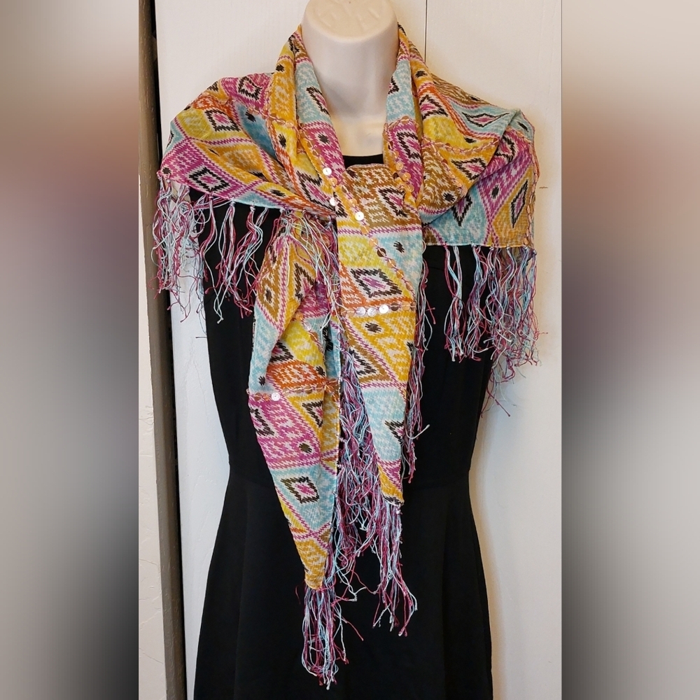 Colorful Chiffon Sheer Shawl Wrap Scarf Sequins Fringe Flowy Square Bollywood